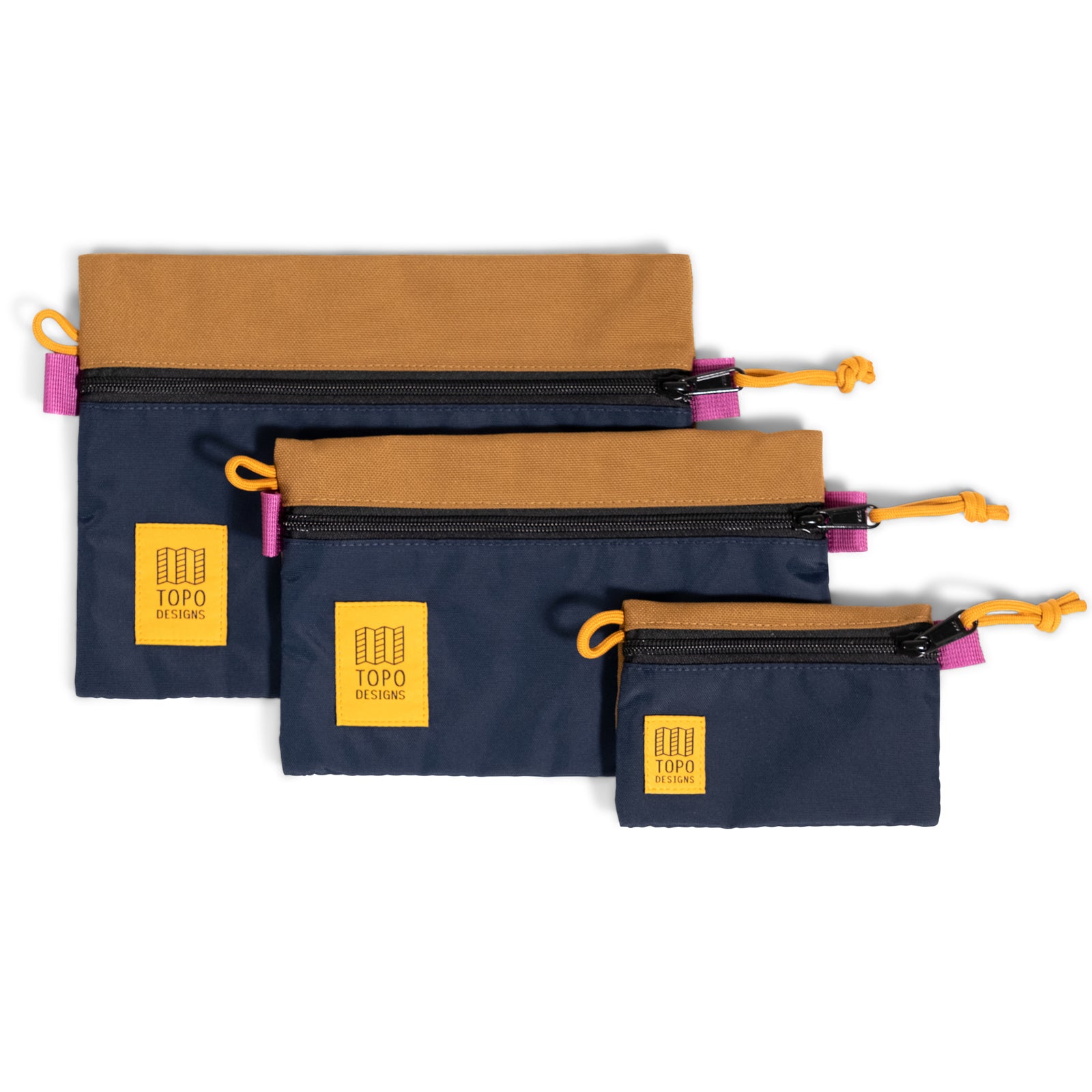 Topo Designs Accessory Bags - product shot of the "Medium", "Small", and "Micro" accessory bags in "Dark Khaki / Navy".