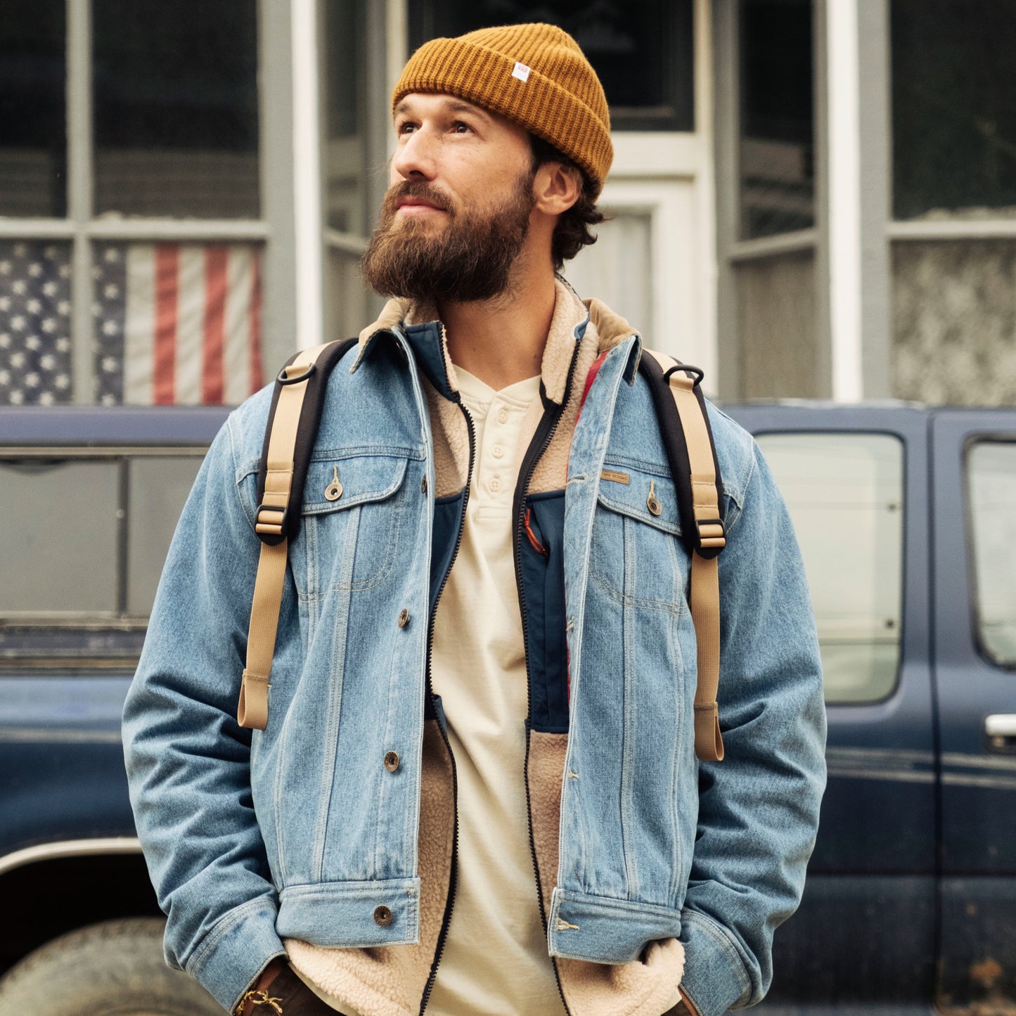 lifestyle model photo of Global Beanie in "Cinnamon"