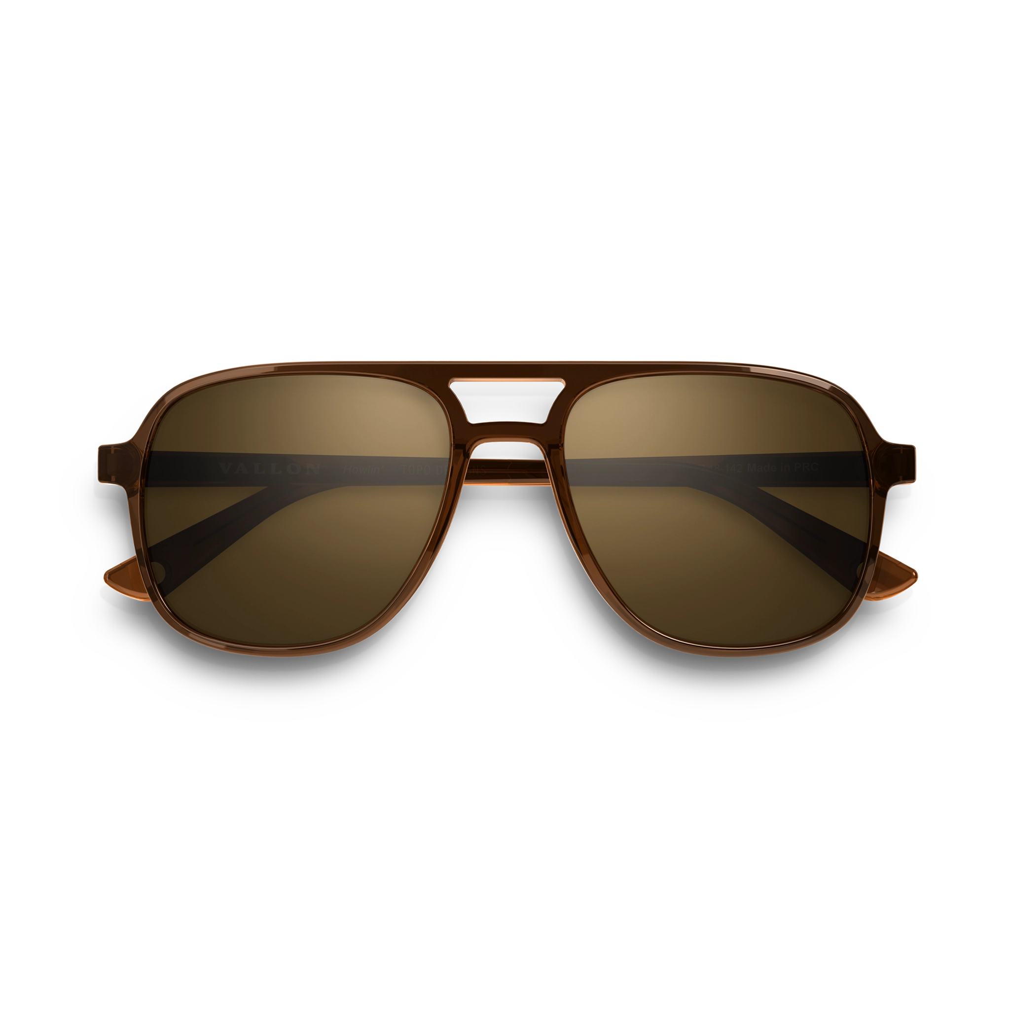 General front view of VALLON X Topo Designs sunglasses in "Brown / Brown" with sunglass arms closed.