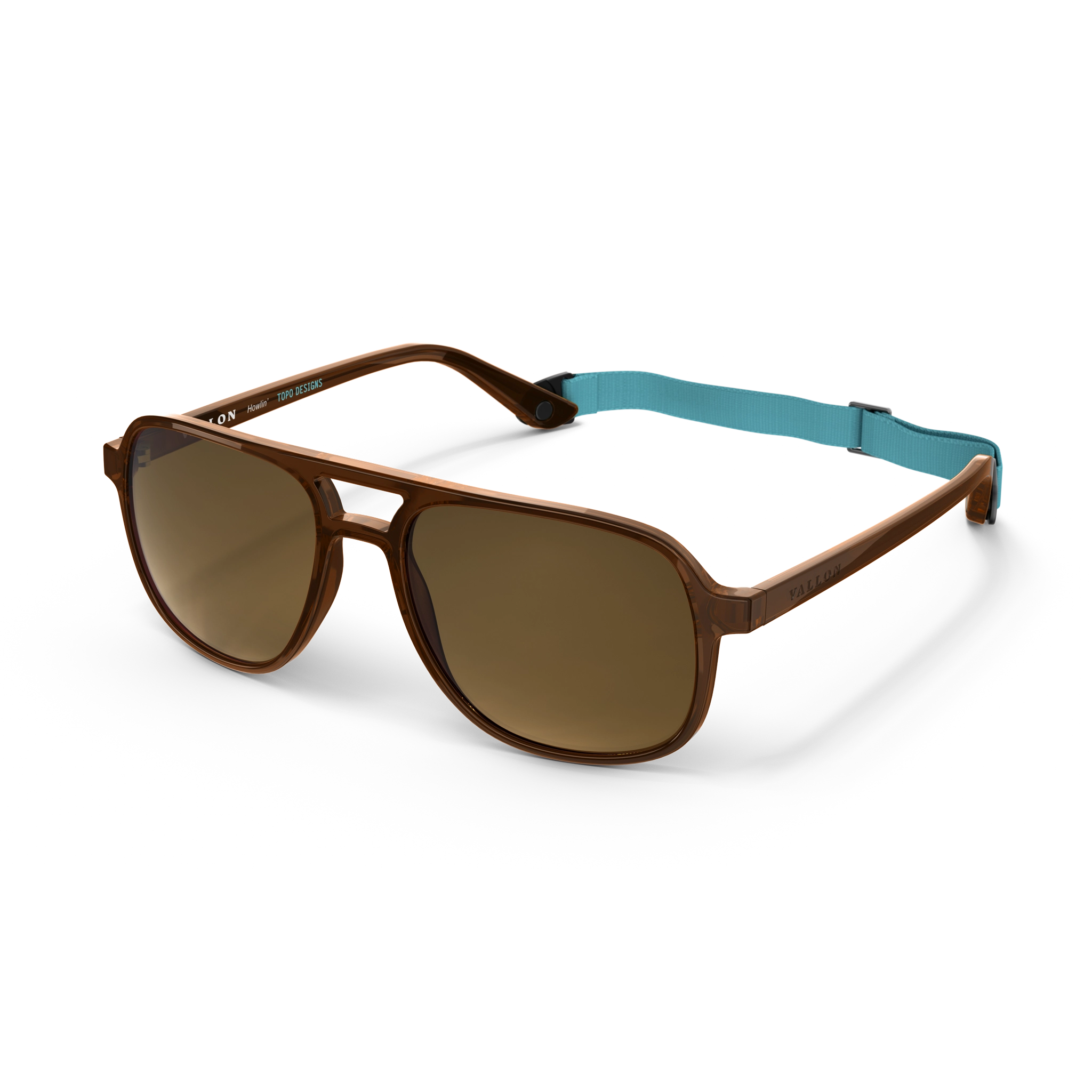 General angled view of VALLON X Topo Designs sunglasses in "Brown / Brown" with sunglass arms open and strap attached.