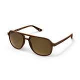 General angled view of VALLON X Topo Designs sunglasses in "Brown / Brown" with sunglass arms open.