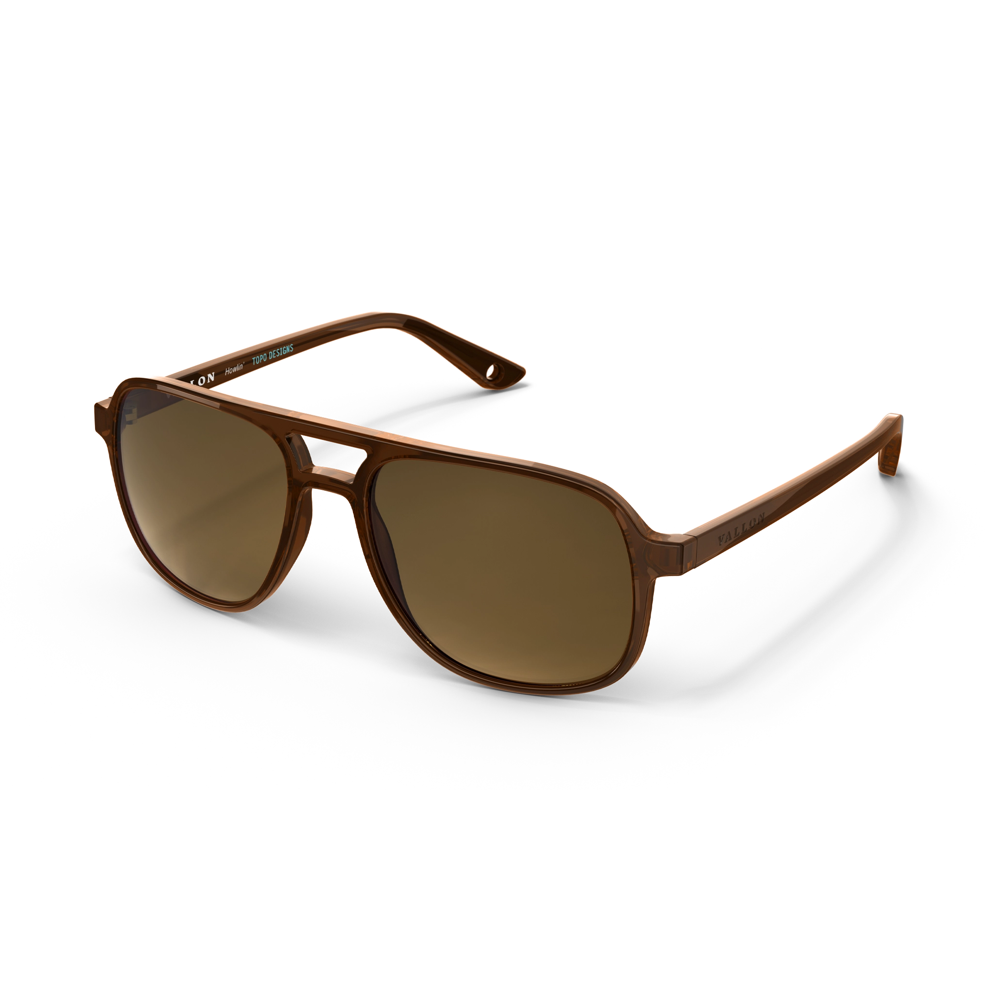 General angled view of VALLON X Topo Designs sunglasses in "Brown / Brown" with sunglass arms open.