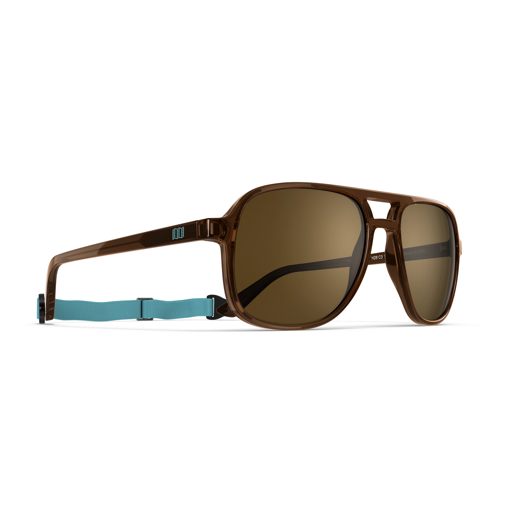 General alternate angled view of VALLON X Topo Designs sunglasses in "Brown / Brown" with sunglass arms open with strap attached.