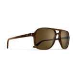 General alternate angled view of VALLON X Topo Designs sunglasses in "Brown / Brown" with sunglass arms open.