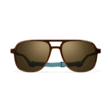 General front view of VALLON X Topo Designs sunglasses in "Brown / Brown" with sunglass arms open and strap attached.