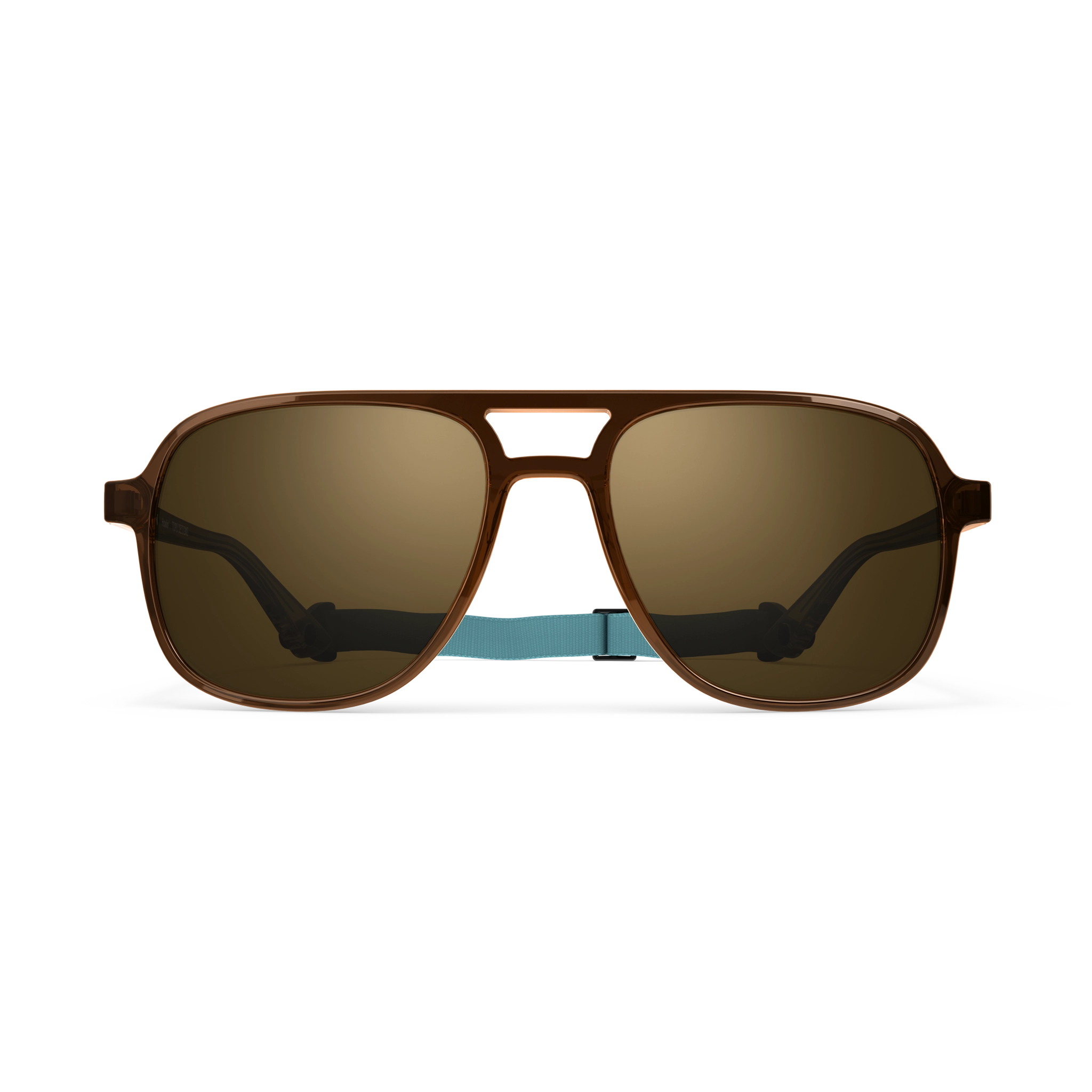 General front view of VALLON X Topo Designs sunglasses in "Brown / Brown" with sunglass arms open and strap attached.