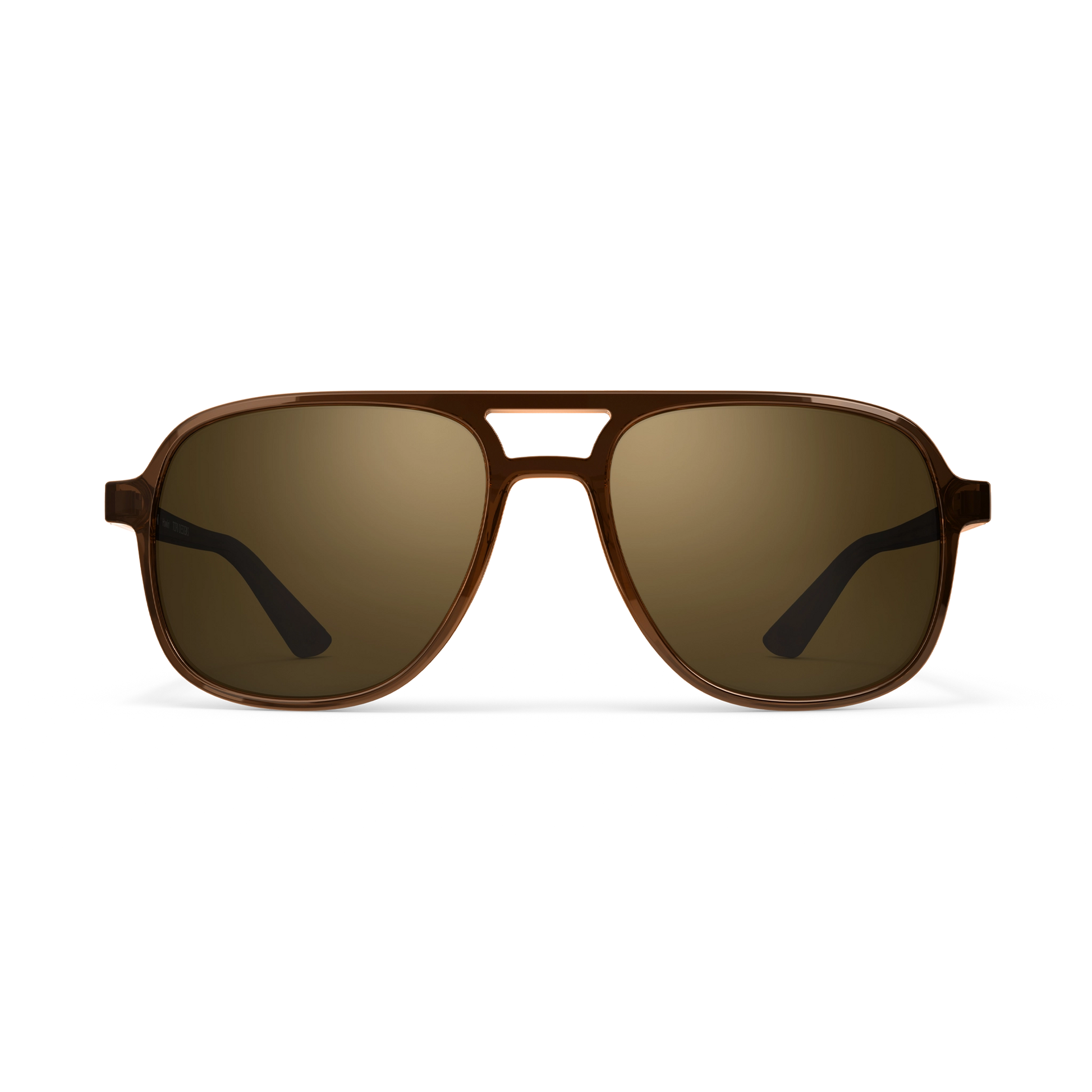 General front view of VALLON X Topo Designs sunglasses in "Brown / Brown" with sunglass arms open.
