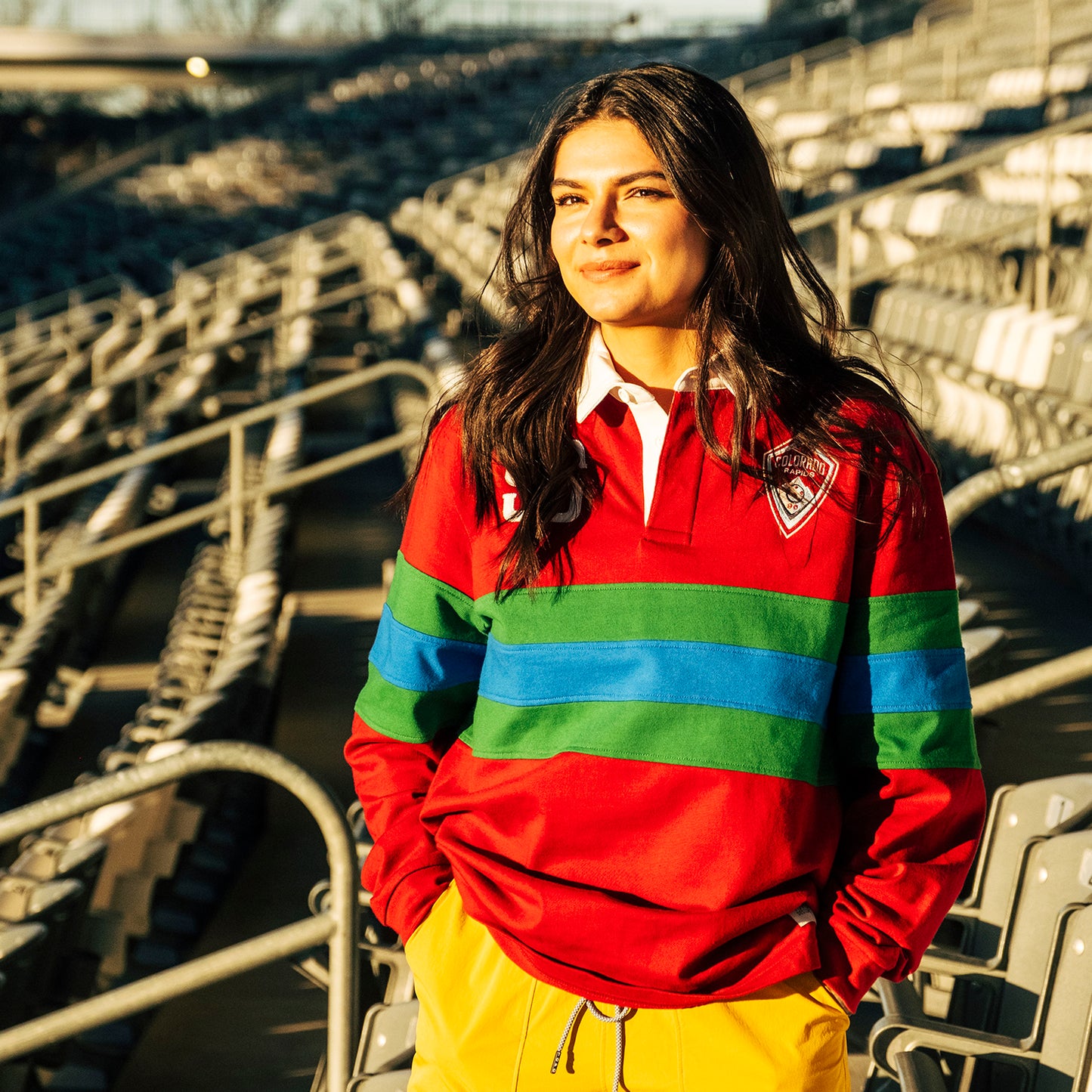 General lifestyle shot of Topo Designs x Colorado Rapids Mountain Rugby Shirt