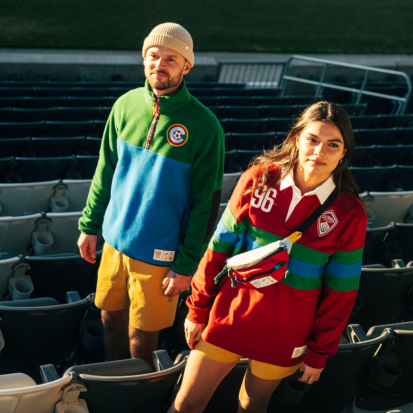 General lifestyle shot of Topo Designs x Colorado Rapids Mountain Waist Pack in "Rio Red / Glacier Blue"