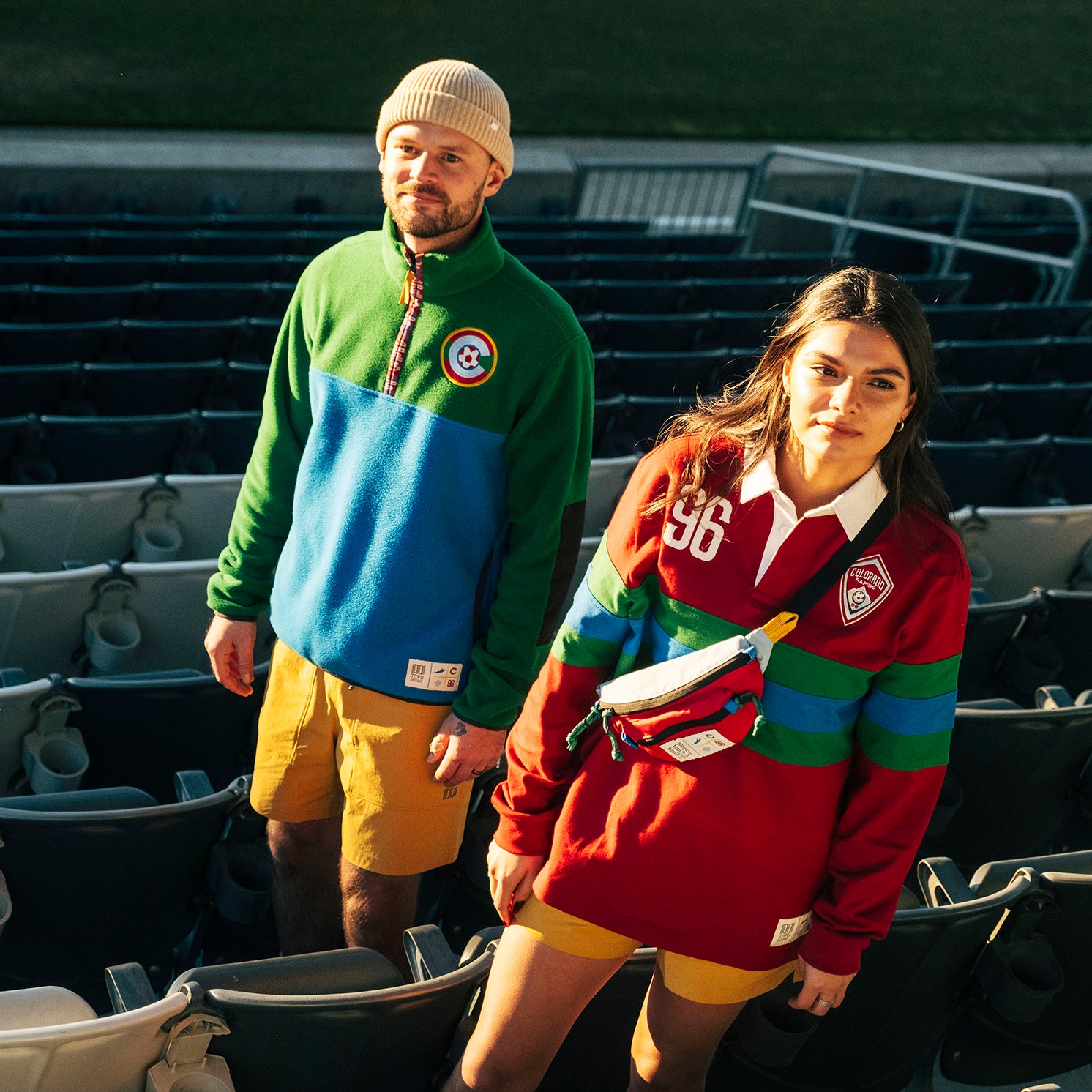 General lifestyle shot of Topo Designs x Colorado Rapids Mountain Waist Pack in "Rio Red / Glacier Blue"