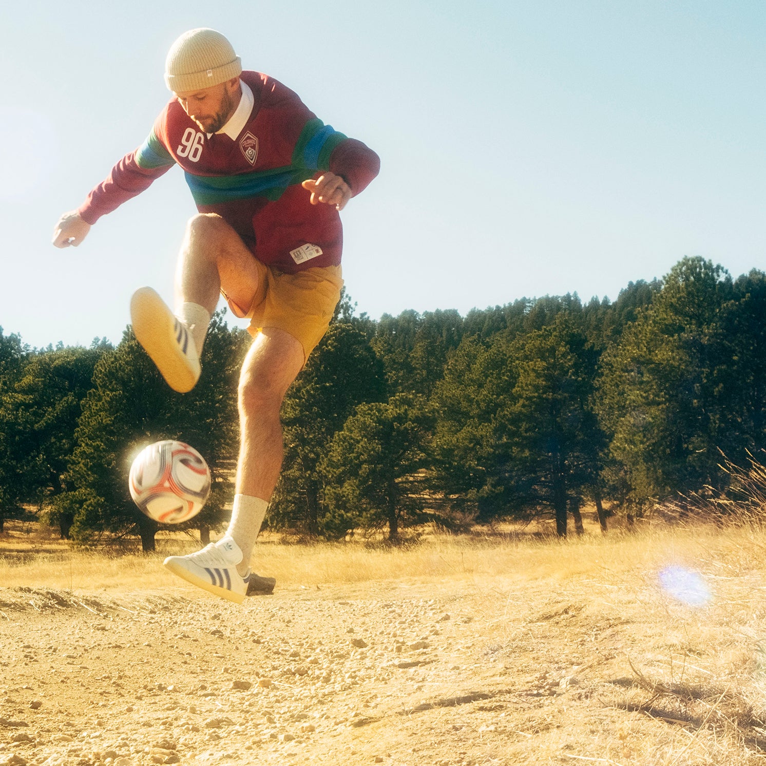General lifestyle shot of Topo Designs x Colorado Rapids Mountain Rugby Shirt