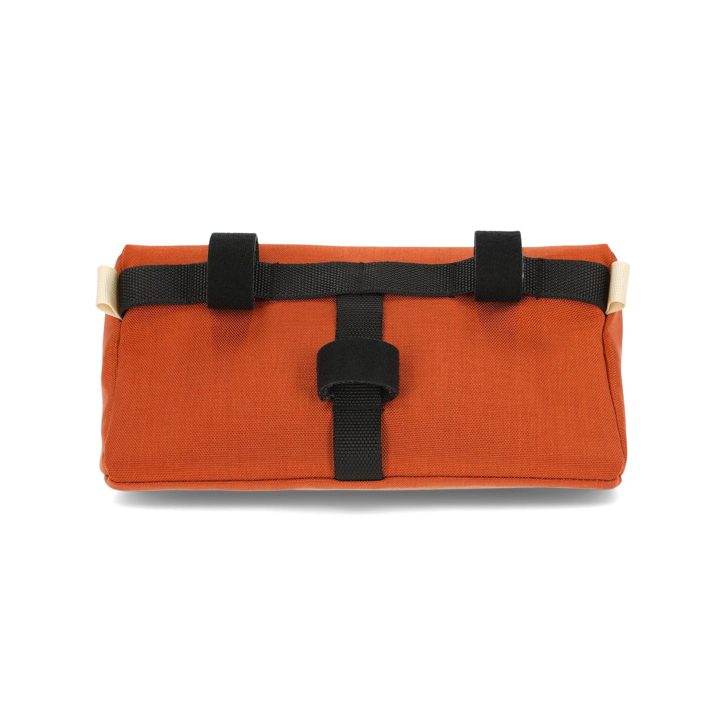 General shot of velcro attachment straps on back of the Topo Designs Mountain Bike Bag handlebar pack with removable shoulder strap in blue clay orange lightweight recycled nylon.