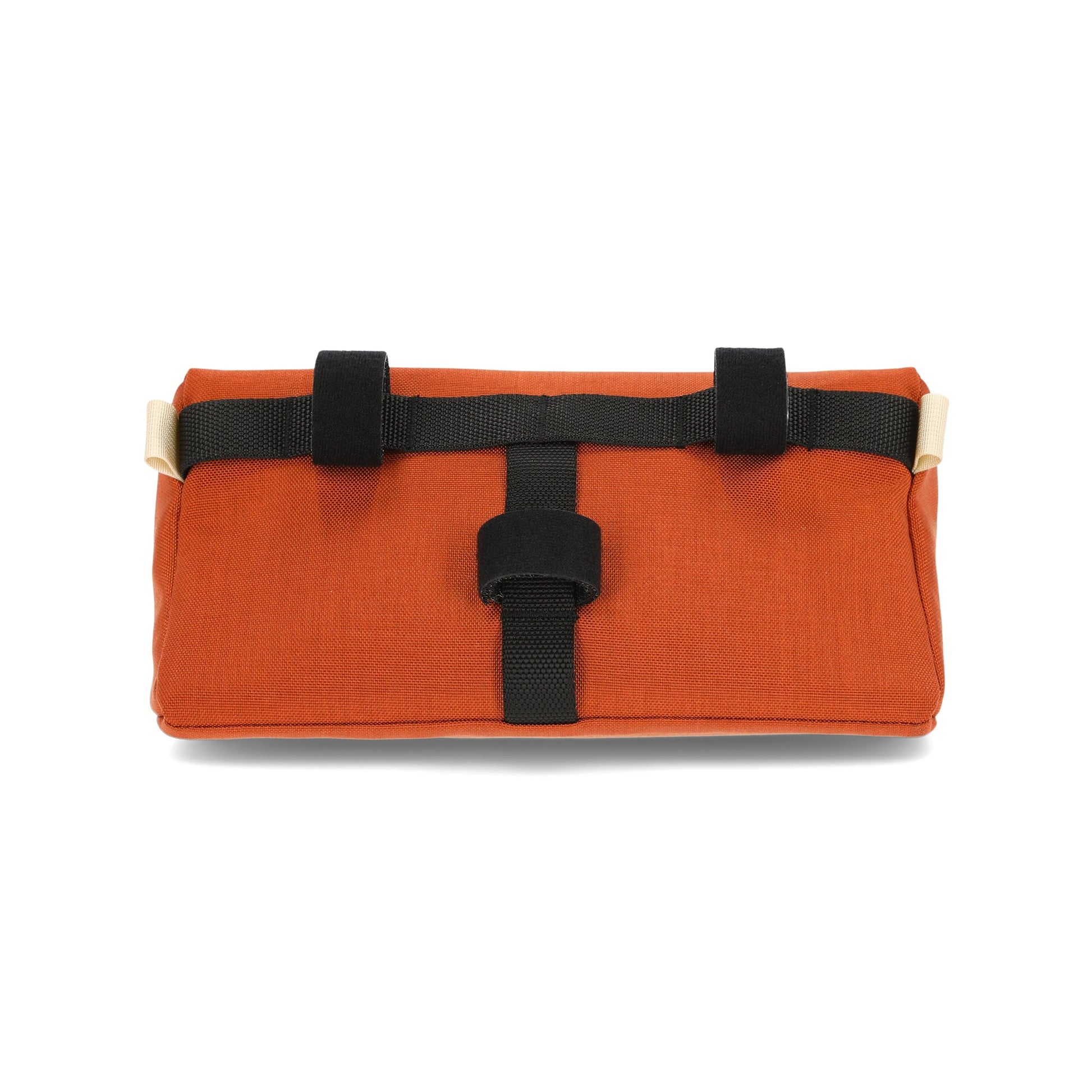 General shot of velcro attachment straps on back of the Topo Designs Mountain Bike Bag handlebar pack with removable shoulder strap in blue clay orange lightweight recycled nylon.