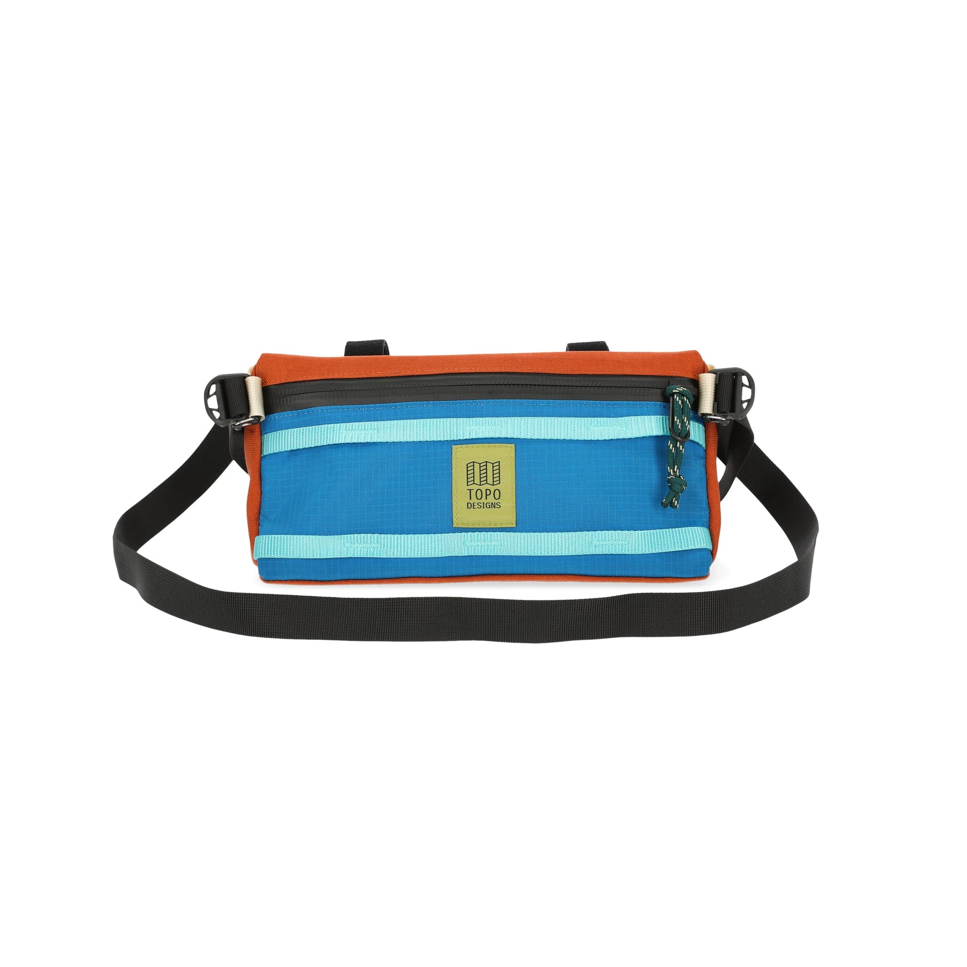 General shots of removable shoulder strap on Topo Designs Mountain Bike Bag handlebar pack in blue clay orange lightweight recycled nylon.