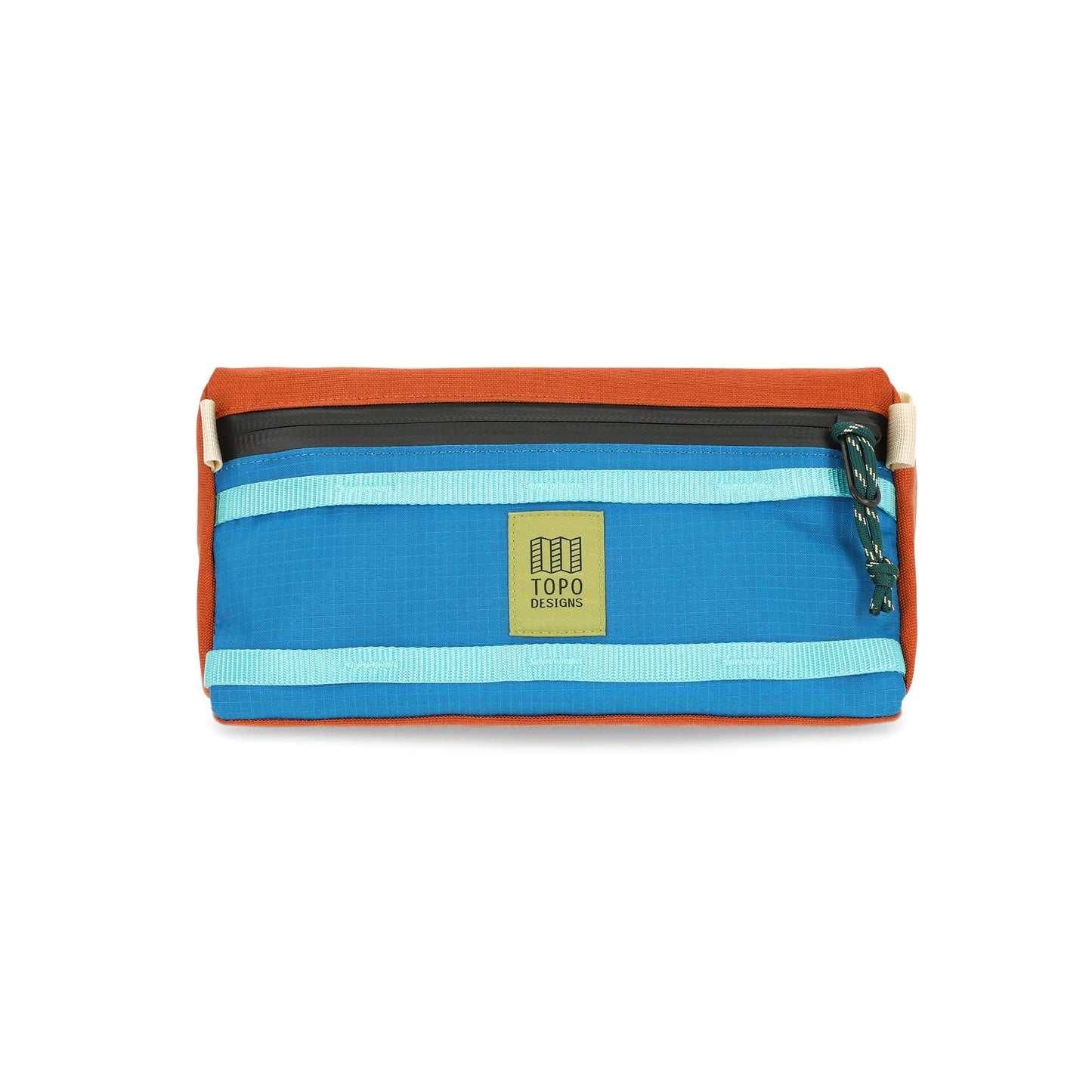 Topo Designs Mountain Bike Bag handlebar pack with removable shoulder strap in "Blue / Clay" orange lightweight recycled nylon.