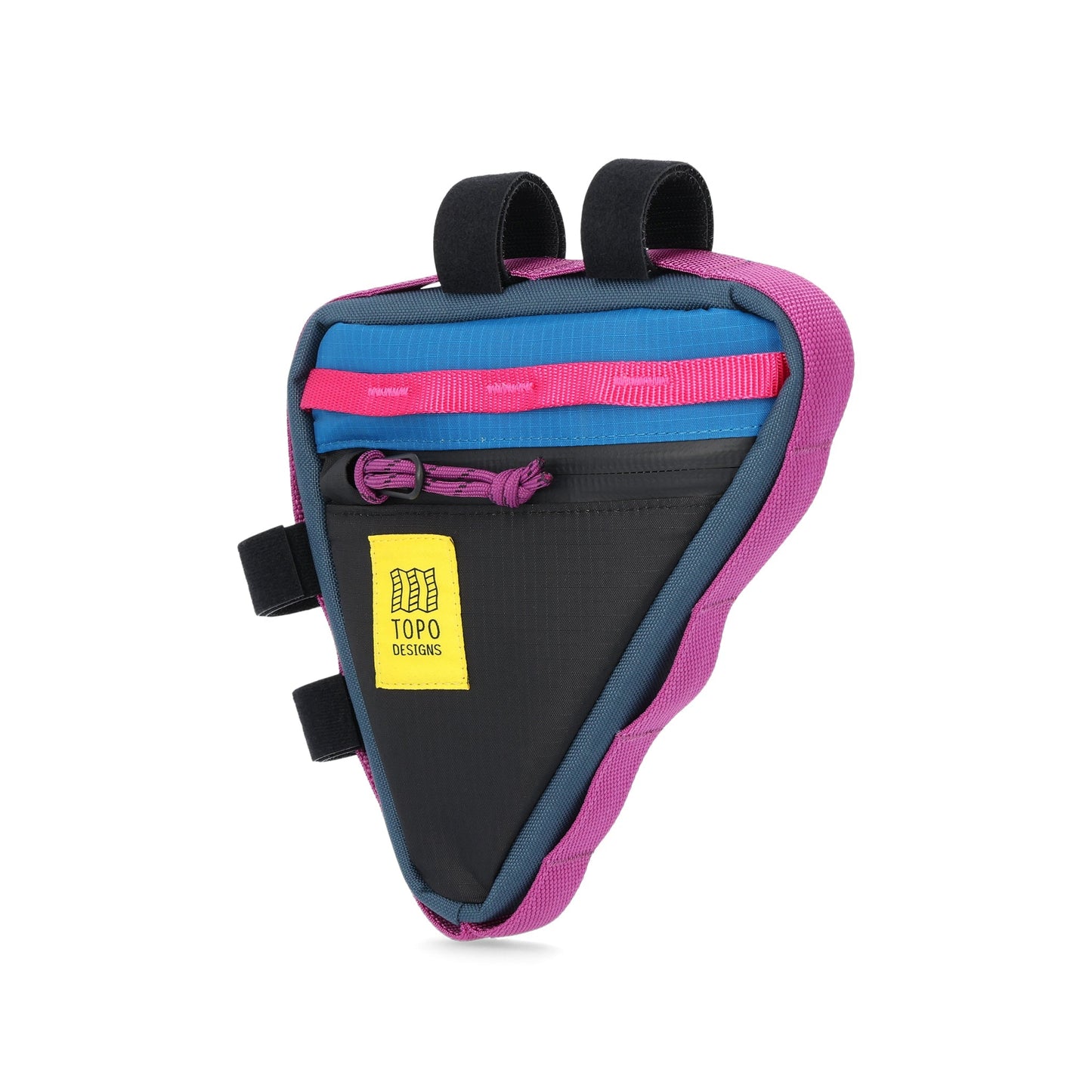 Black and pink triangular bike frame bag with blue and pink straps, side pockets, and dual top handles.