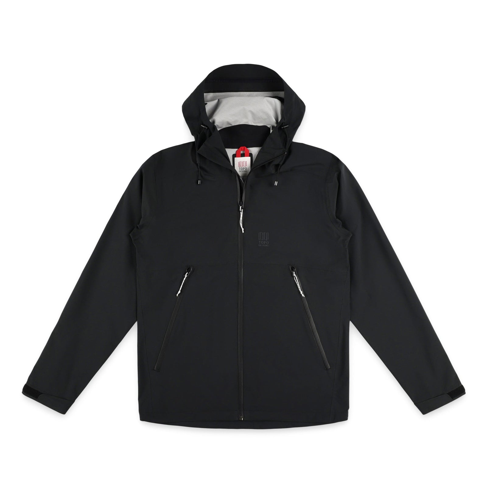 Topo Designs Men's Global Jacket packable 10k waterproof rain shell in recycled "Black" polyester.