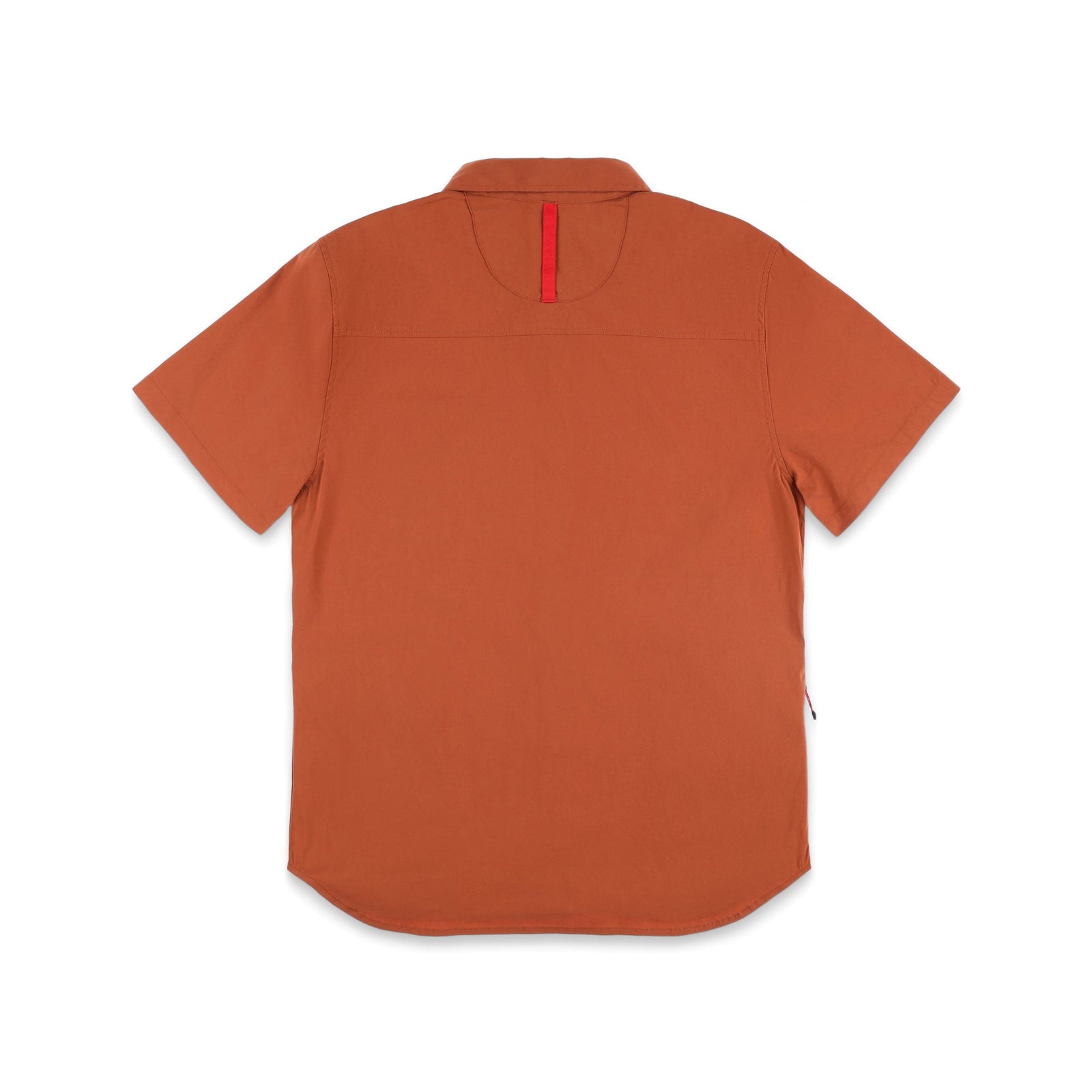 PackFast Packing Band on Topo Designs Men's Global Shirt Short Sleeve 30+ UPF rated travel shirt in "Brick" orange.
