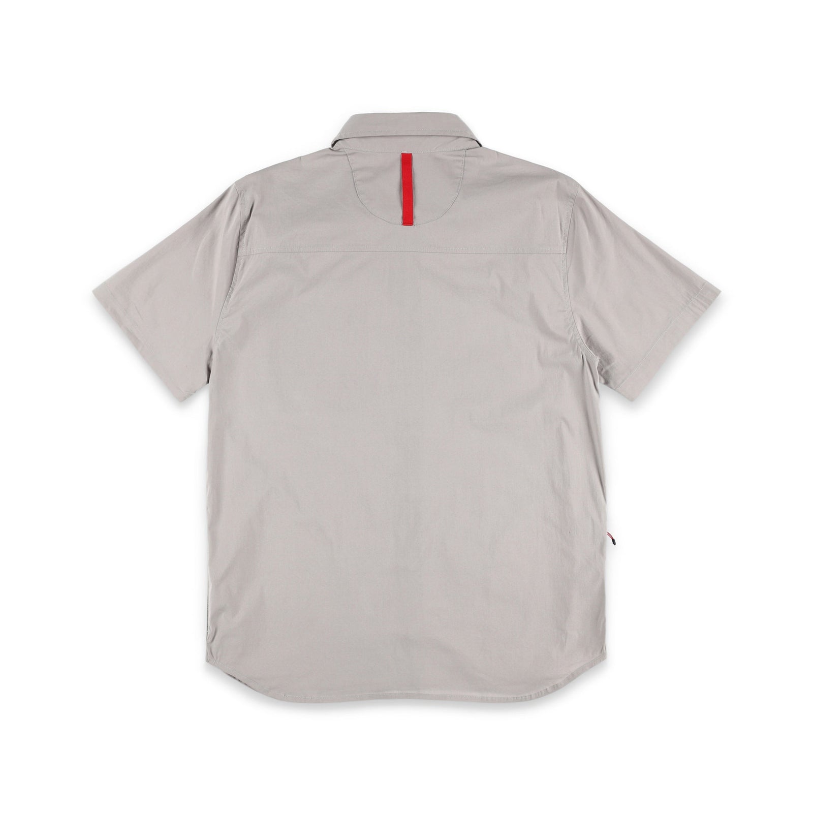 PackFast Packing Band on Topo Designs Men's Global Shirt Short Sleeve 30+ UPF rated travel shirt in "Light Gray".