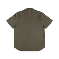PackFast Packing Band on Topo Designs Men's Global Shirt Short Sleeve 30+ UPF rated travel shirt in "Olive" green.