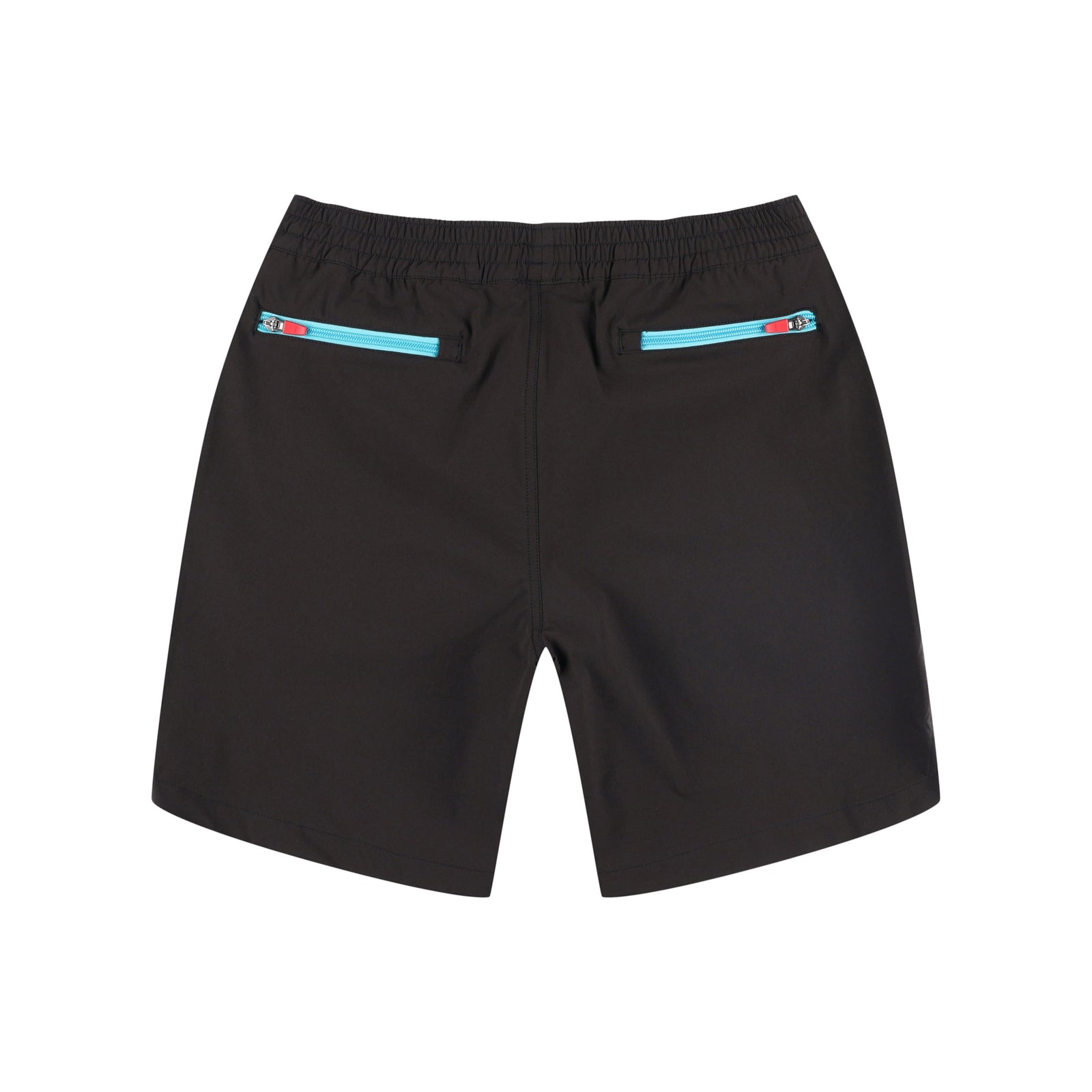 Back zipper pockets on Topo Designs Men's Global lightweight quick dry travel Shorts in "Black".