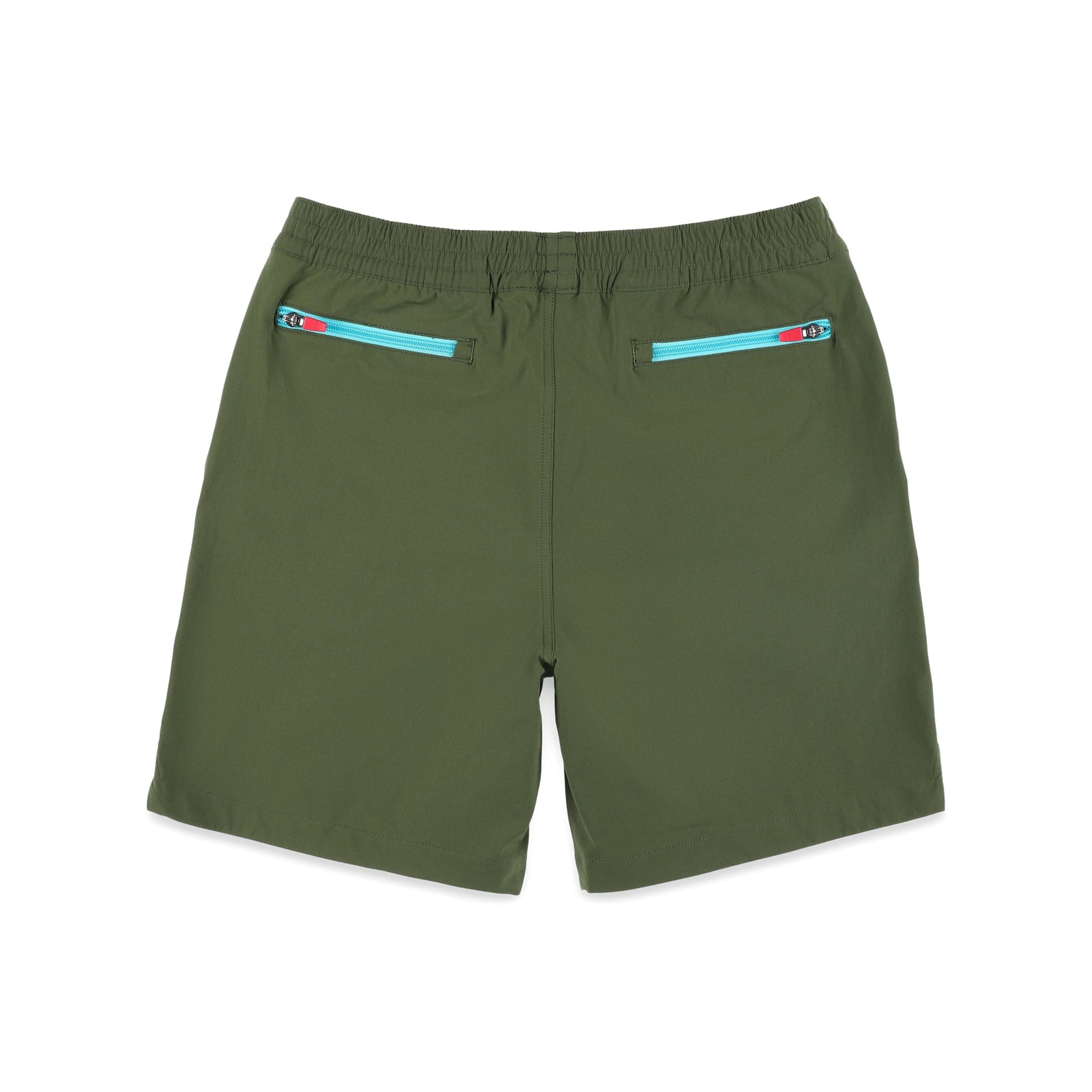 Back zipper pockets on Topo Designs Men's Global lightweight quick dry travel Shorts in "Olive" green.