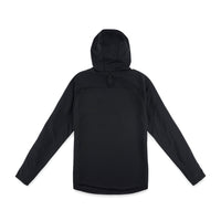 PackFast Packing Band on back of Topo Designs Men's River Hoodie 30+ UPF moisture wicking quick dry top in "Black".