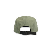 Adjustable back strap on Topo Designs Nylon Camp 5-panel flat brim Hat in "Olive" green.