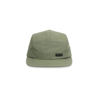 Topo Designs Nylon Camp 5-panel flat brim Hat in "Olive" green.