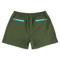 Back zipper pockets on Topo Designs Women's Global lightweight quick dry travel Shorts in "Olive" green.