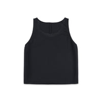 PackFast packing band on back of Topo Designs Women's 30+ UPF moisture wicking River Tank top in "Black".