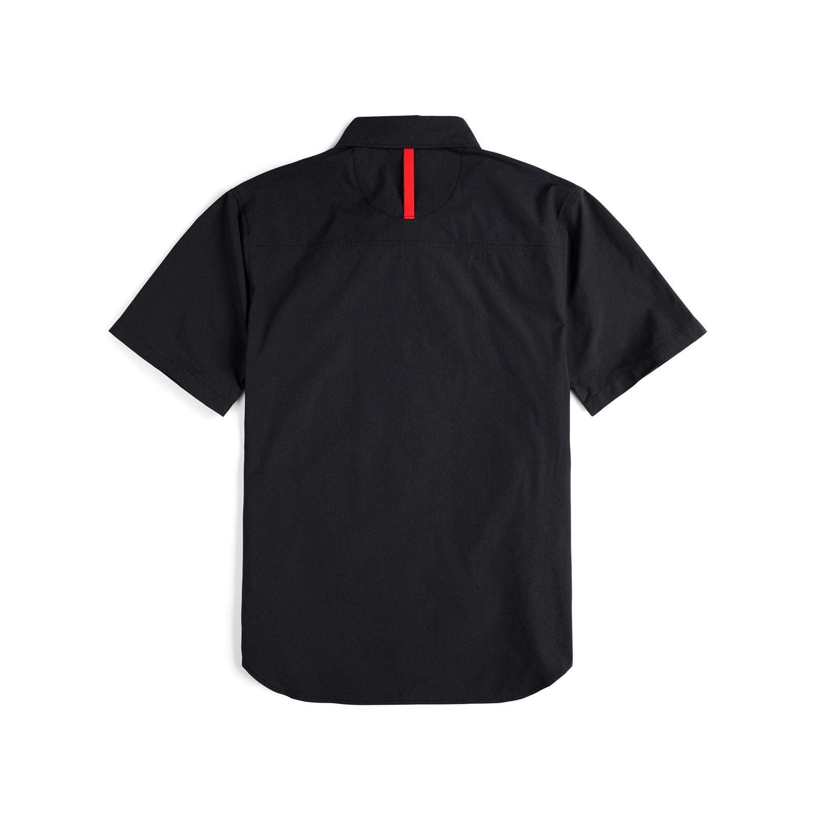 Back shot of Topo Designs Men's Global Shirt Short Sleeve 30+ UPF rated travel shirt in "Black".