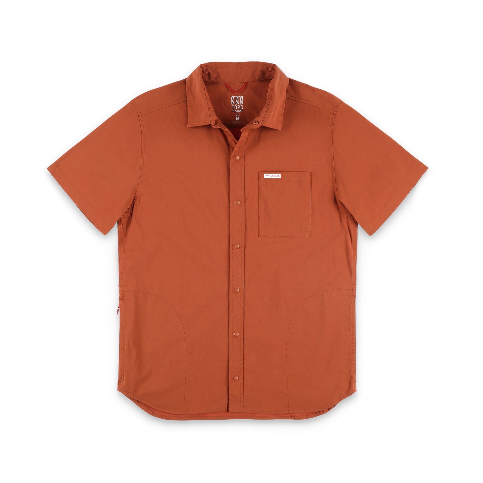 Topo Designs Men's Global Shirt Short Sleeve 30+ UPF rated travel shirt in "Brick" orange.