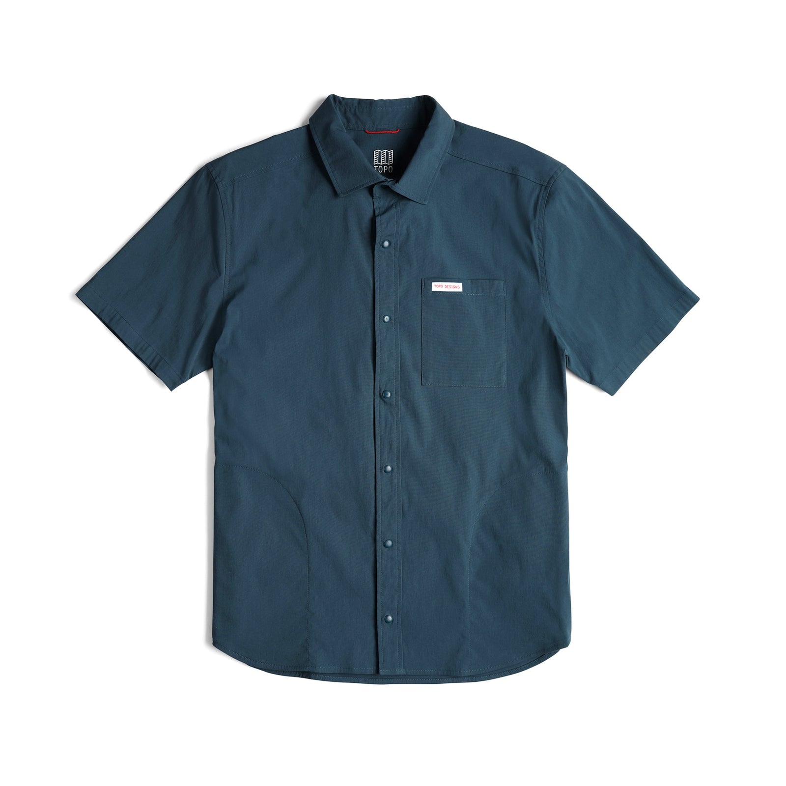 Topo Designs Men's Global Shirt Short Sleeve 30+ UPF rated travel shirt in "Pond Blue".