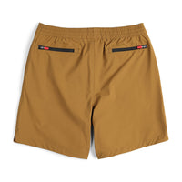 Back zipper pockets on Topo Designs Men's Global lightweight quick dry travel Shorts in "Dark Khaki" brown.