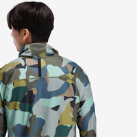 General on model close in photo of the back of the Topo Designs Men's River Hoodie 30+ UPF moisture wicking quick dry top in "Green Camo" green.