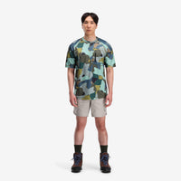 General on model front shot of Topo Designs Men's River Tee Short Sleeve UPF 30+ moisture wicking t-shirt in "Green Camo" green.