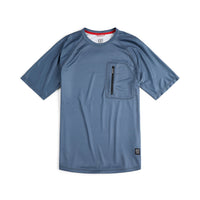 Front shot of Topo Designs Men's River Tee Short Sleeve UPF 30+ moisture wicking t-shirt in "Stone Blue" blue.