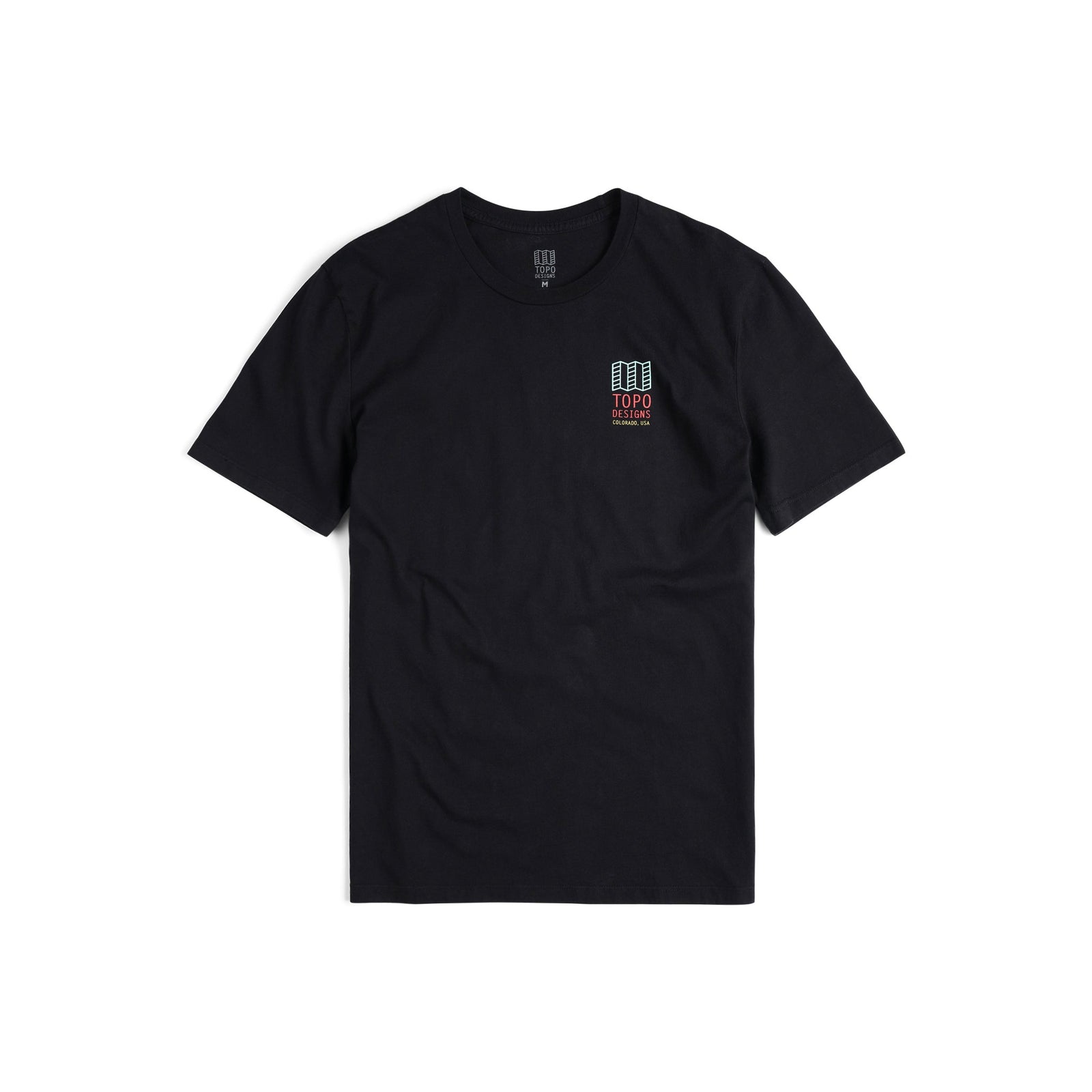 Front View of Topo Designs Men's Small Original Logo Tee 100% organic cotton short sleeve graphic logo t-shirt in "black".