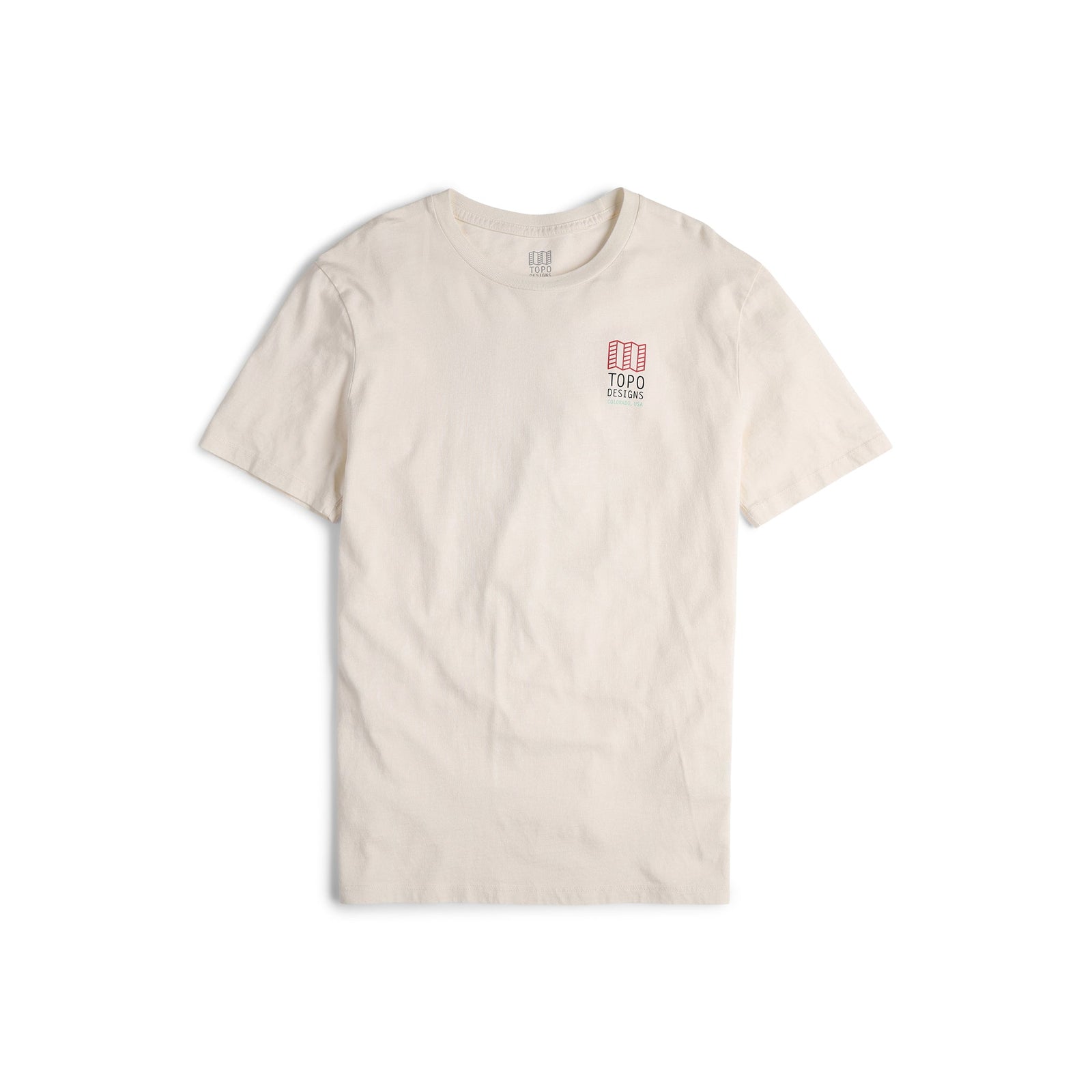 Front View of Topo Designs Men's Small Original Logo Tee 100% organic cotton short sleeve graphic logo t-shirt in "natural" white.