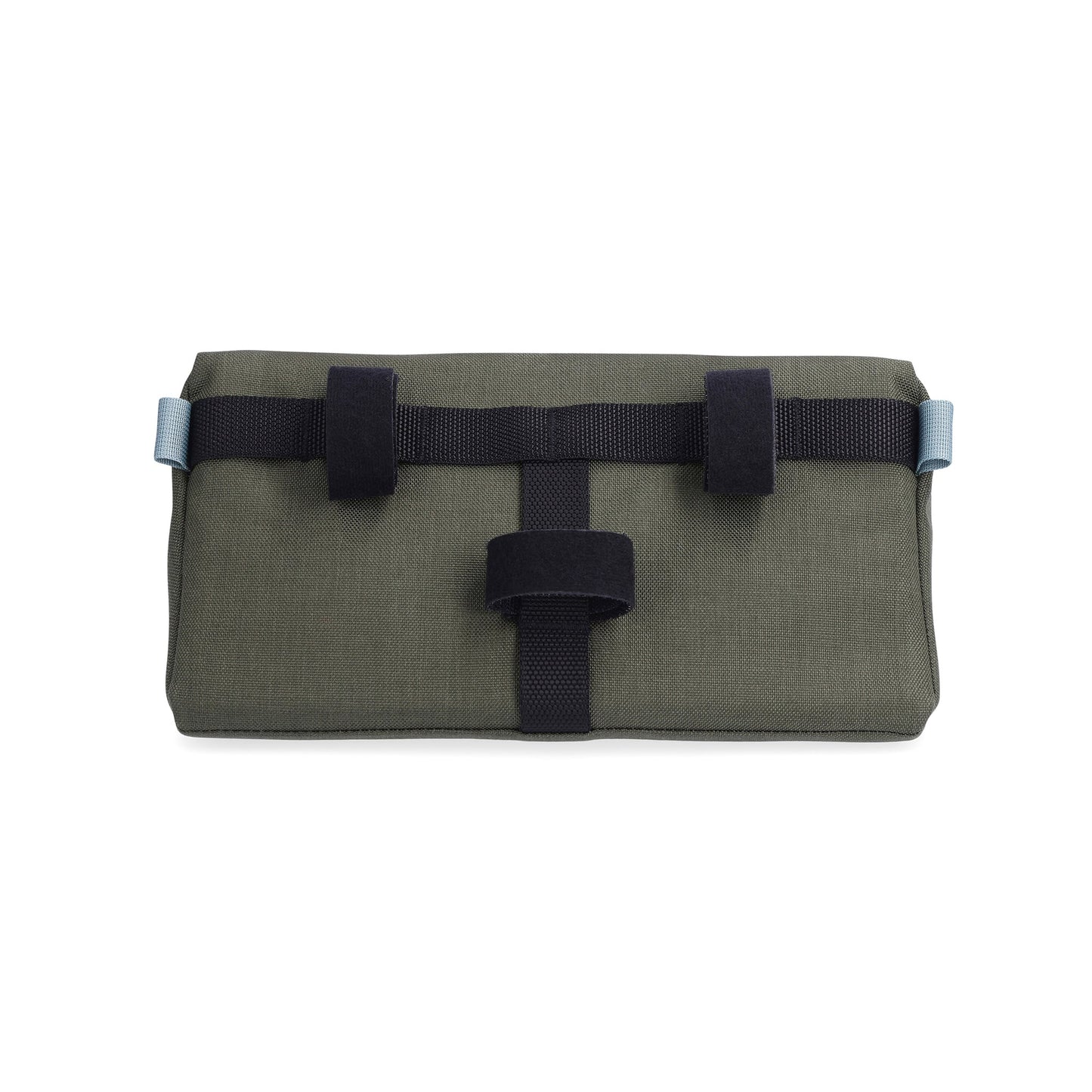 Shot of velcro attachment straps on back of the Topo Designs Mountain Bike Bag handlebar pack with removable shoulder strap in "Botanic Green / Grape" lightweight recycled nylon.