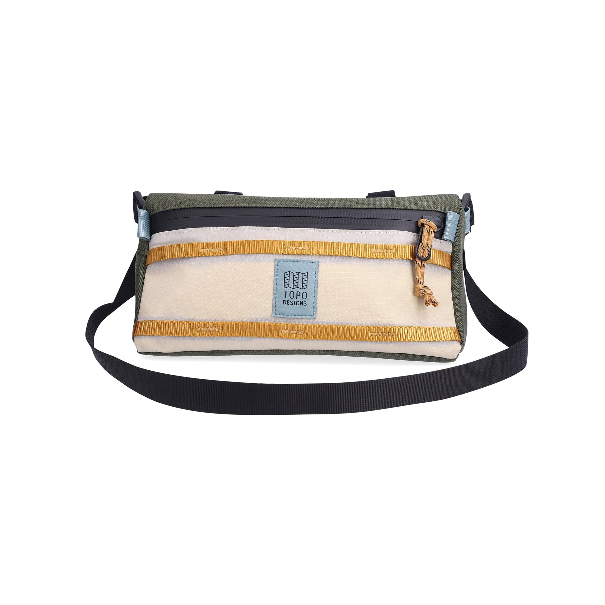Photo of removable shoulder strap on Topo Designs Mountain Bike Bag handlebar pack in "Bone White / Olive" lightweight recycled nylon.