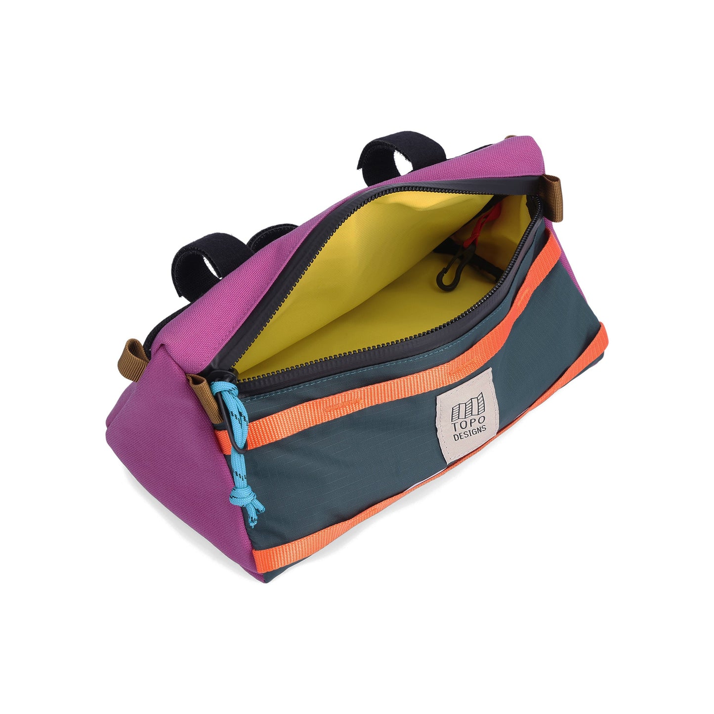 Inside photo of the Topo Designs Mountain Bike Bag handlebar pack with removable shoulder strap in "Botanic Green / Grape" lightweight recycled nylon.