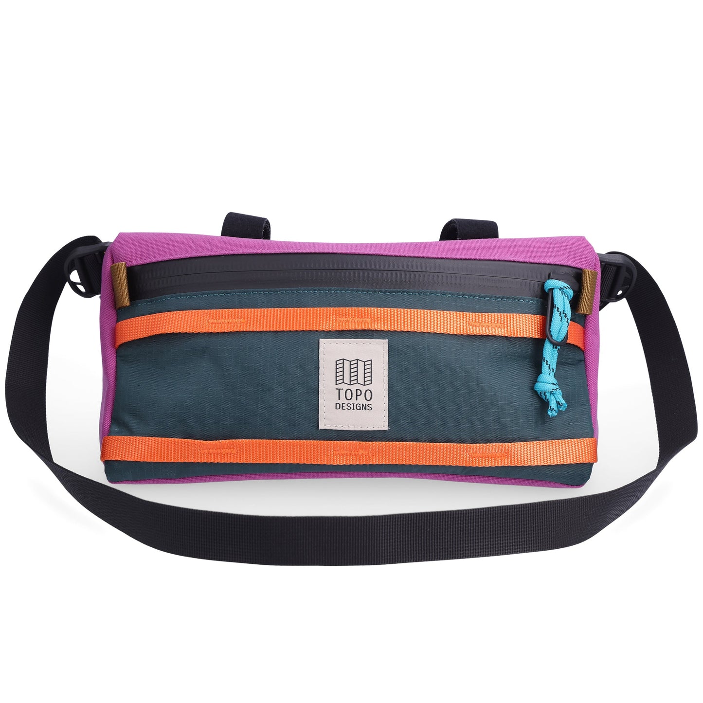 Photo of removable shoulder strap on Topo Designs Mountain Bike Bag handlebar pack in "Botanic Green / Grape" lightweight recycled nylon.