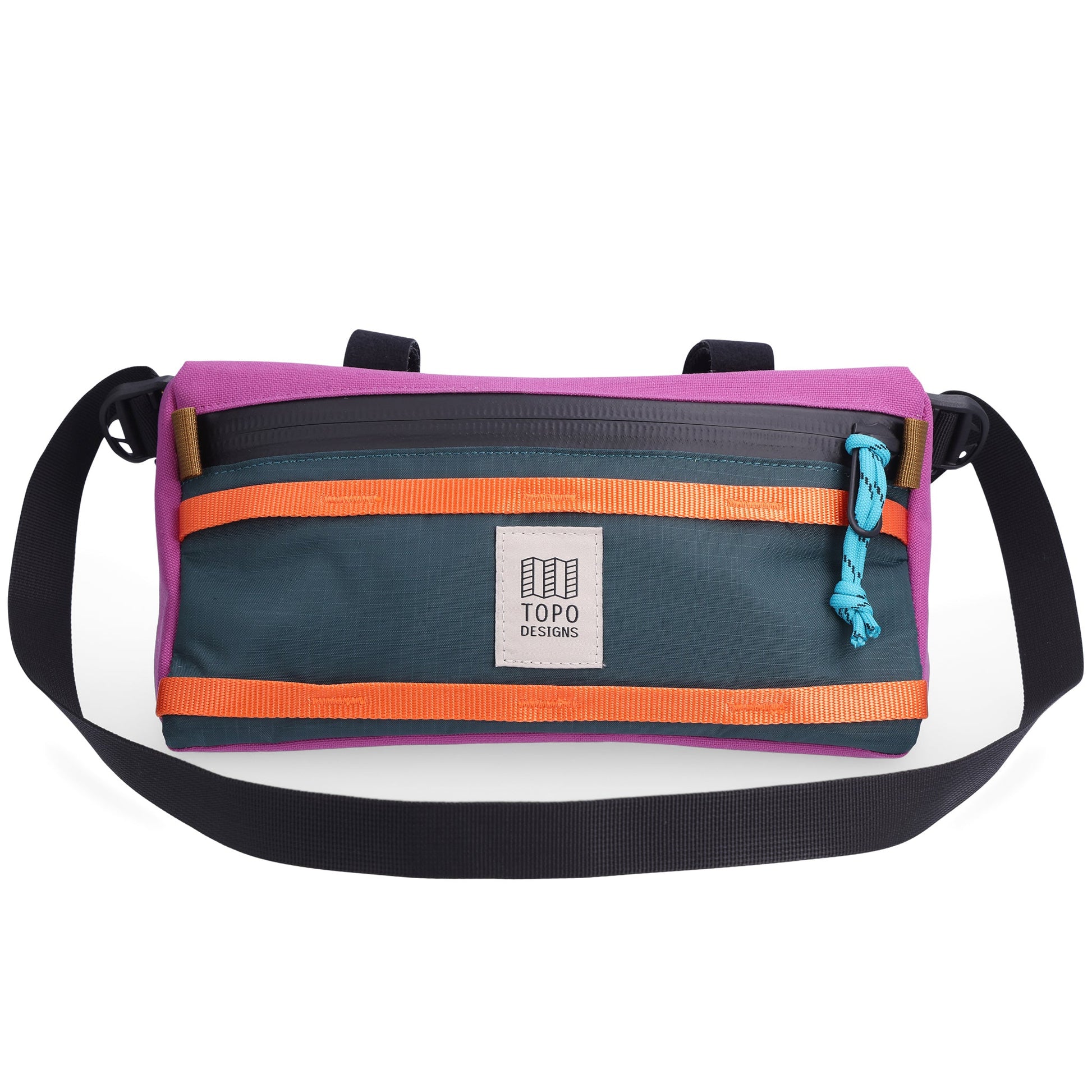 Photo of removable shoulder strap on Topo Designs Mountain Bike Bag handlebar pack in "Botanic Green / Grape" lightweight recycled nylon.