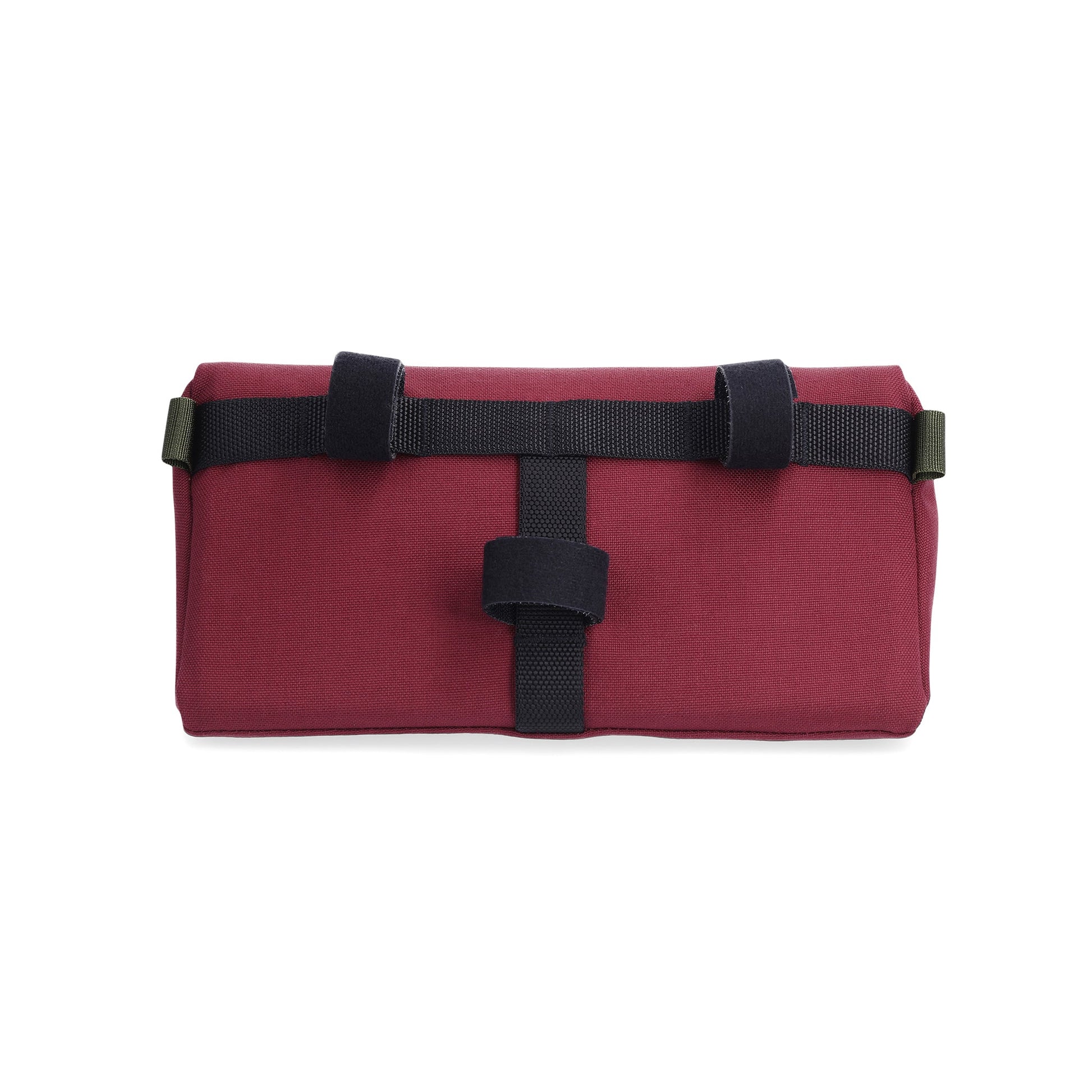 Shot of velcro attachment straps on back of the Topo Designs Mountain Bike Bag handlebar pack with removable shoulder strap in "Burgundy / Dark Khaki" lightweight recycled nylon.