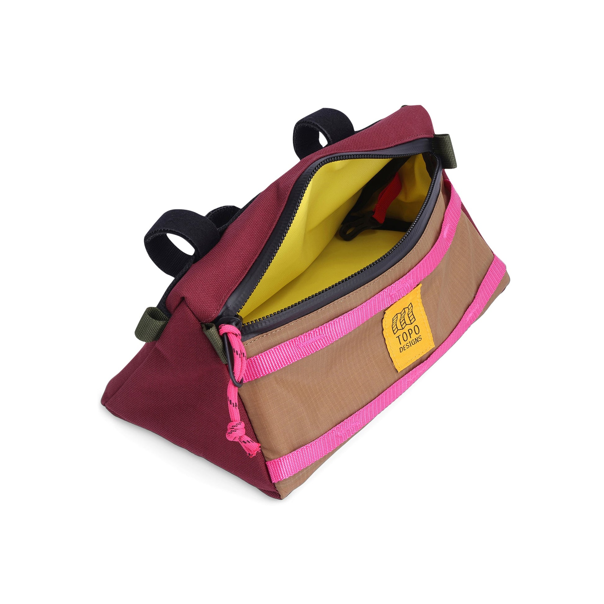 Inside photo of the Topo Designs Mountain Bike Bag handlebar pack with removable shoulder strap in "Burgundy / Dark Khaki" lightweight recycled nylon.