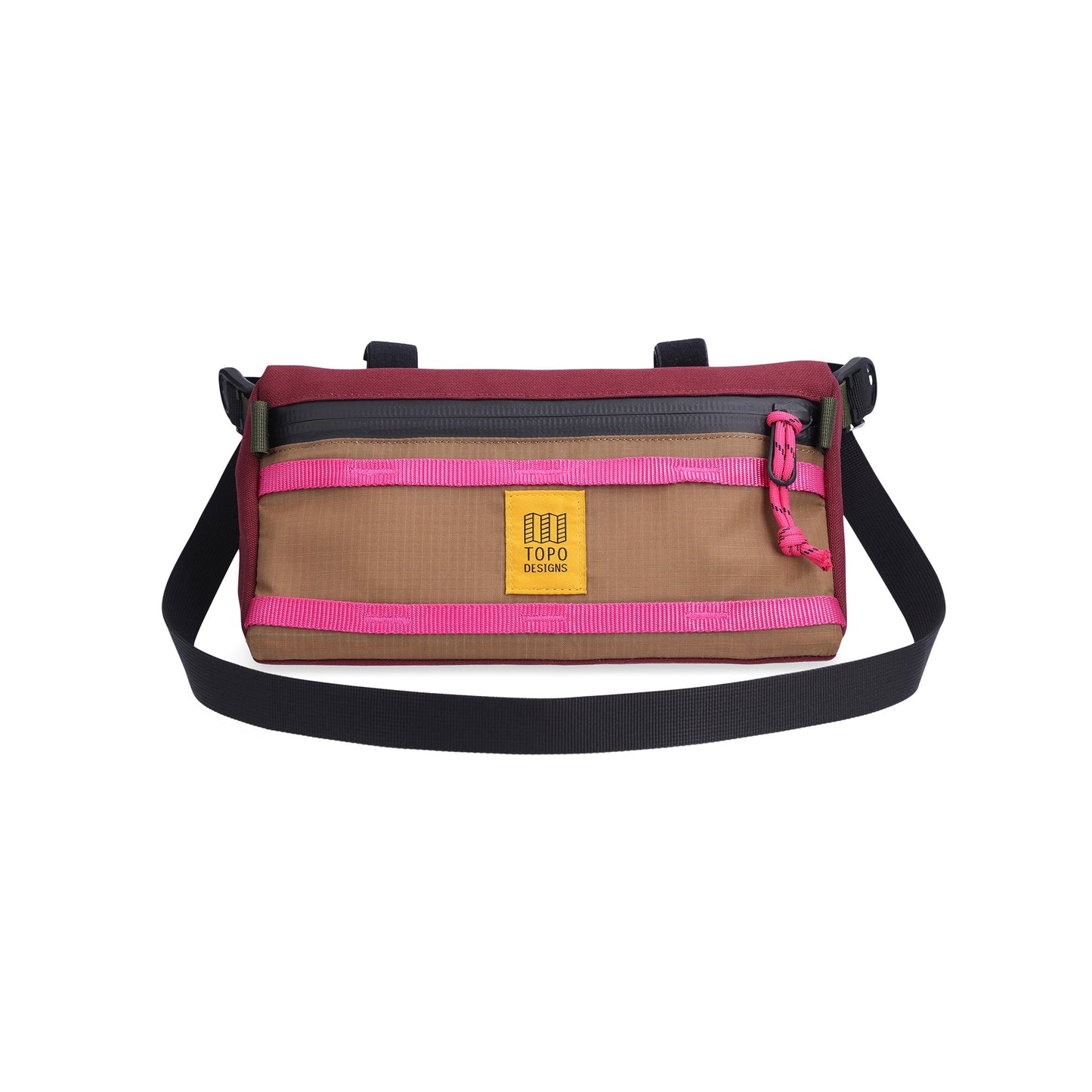 Photo of removable shoulder strap on Topo Designs Mountain Bike Bag handlebar pack in "Burgundy / Dark Khaki" lightweight recycled nylon.