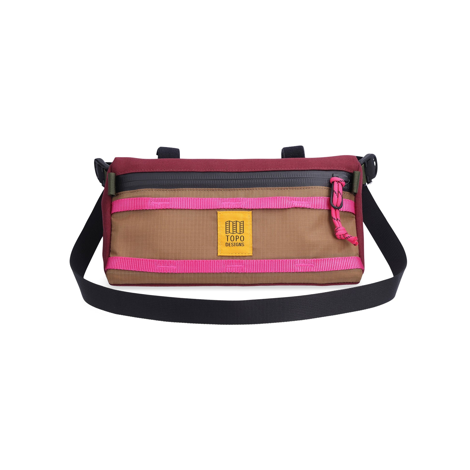 Photo of removable shoulder strap on Topo Designs Mountain Bike Bag handlebar pack in "Burgundy / Dark Khaki" lightweight recycled nylon.