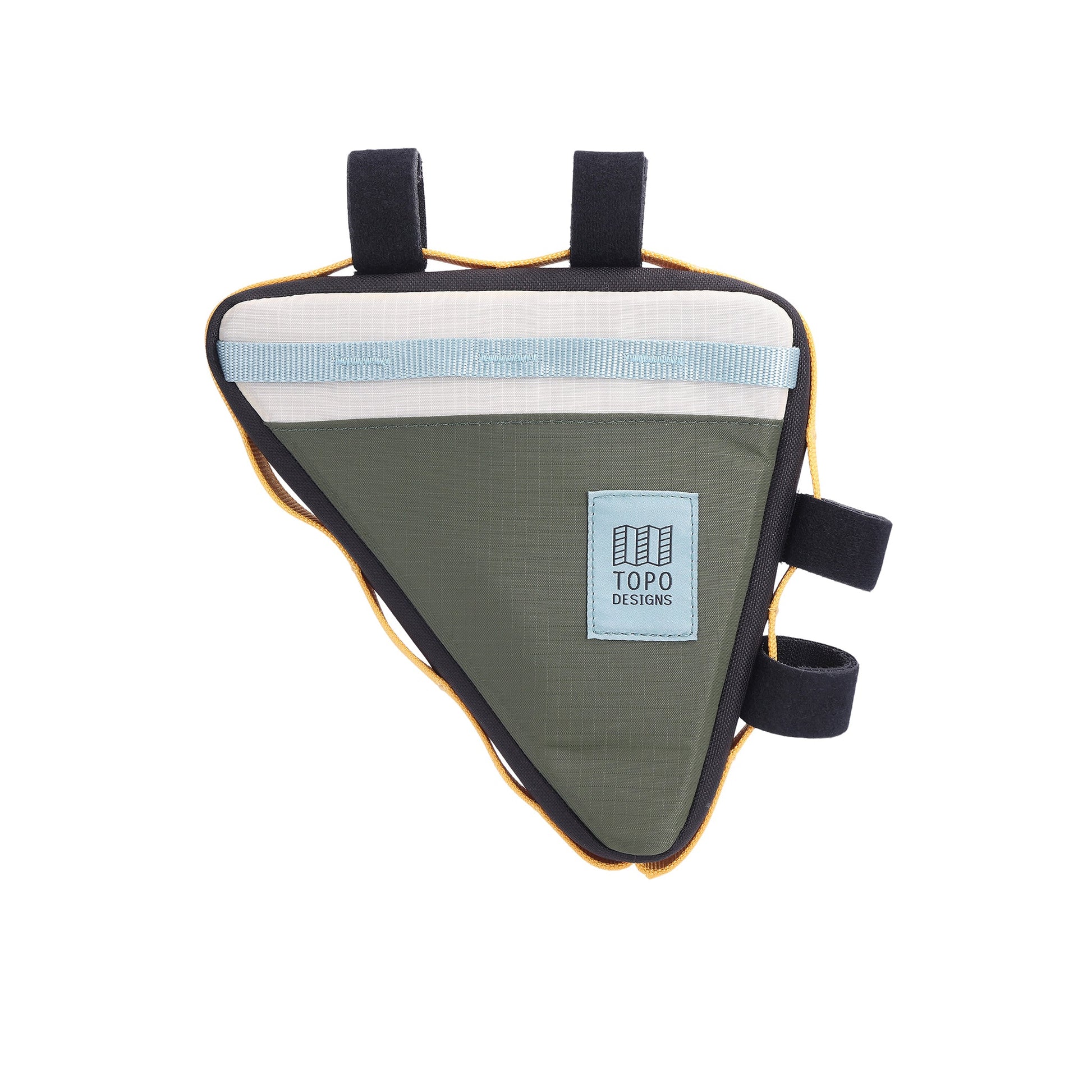 Back view of Topo Designs Bike Frame Bag in "Bone White / Olive" white green lightweight recycled nylon.